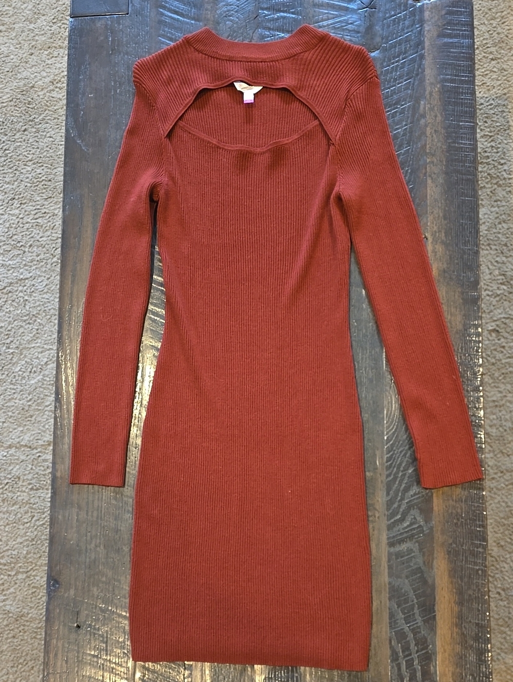 No Boundaries Rust Ribbed Long-Sleeve Cutout Bodycon Dress